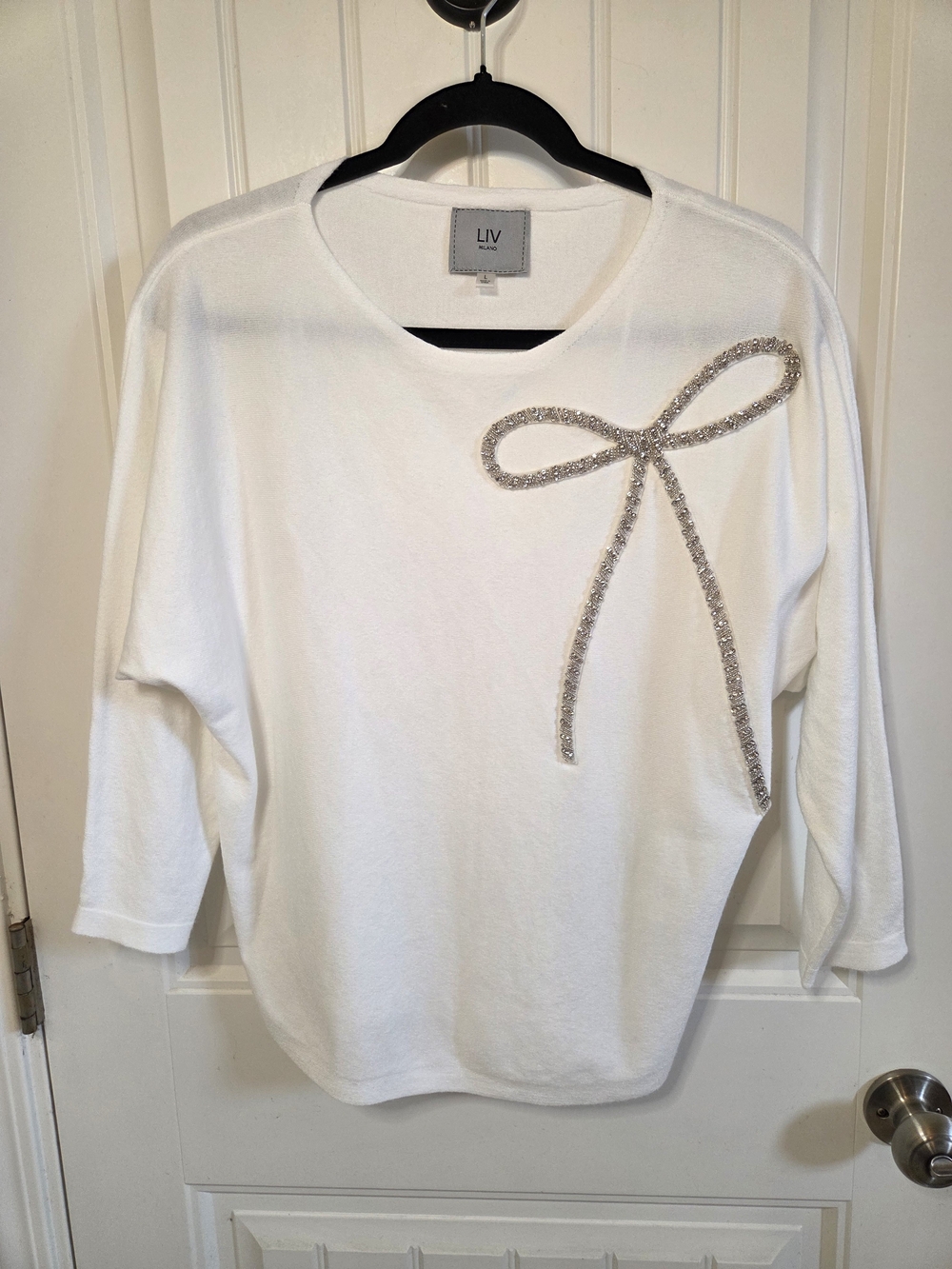Soft White Rhinestone Bow Crewneck Top